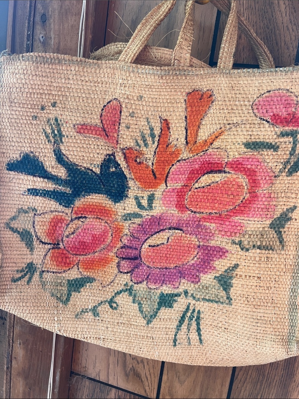 Hand painted 70's Vintage Floral Straw Tote Bag in Pink, Orange and Green